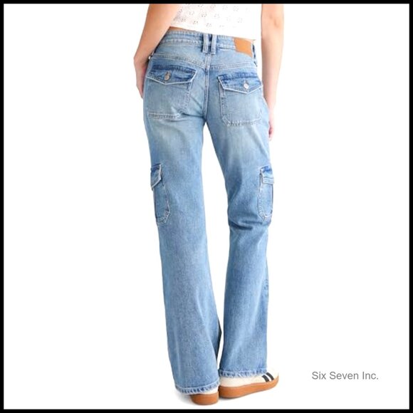 Flare Mid-Rise Cargo Jeans Y2K Retro Fitted Stretch Denim Cargo Pockets - Picture 2 of 4